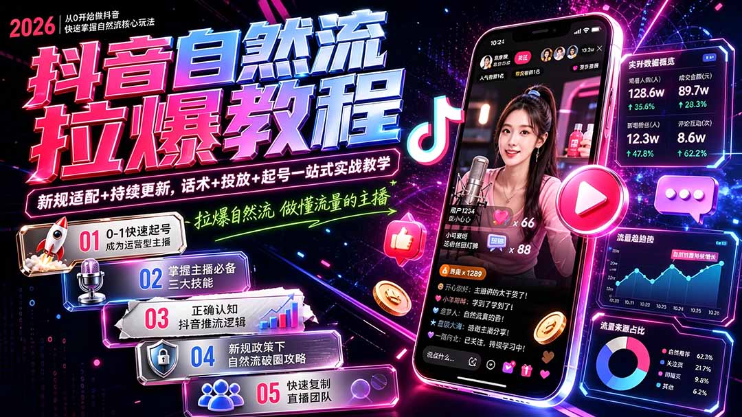 抖音自然流拉爆教程-更新1002：做懂流量的主播，新规适配+持续更新，话术+投放+起号一站式实战教学-阿灿学库