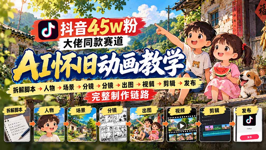 抖音45W粉大佬同款赛道AI怀旧动画教学:拆解脚本→人物→场景→分镜→出图→视频→剪辑→发布完整制作链路-阿灿学库