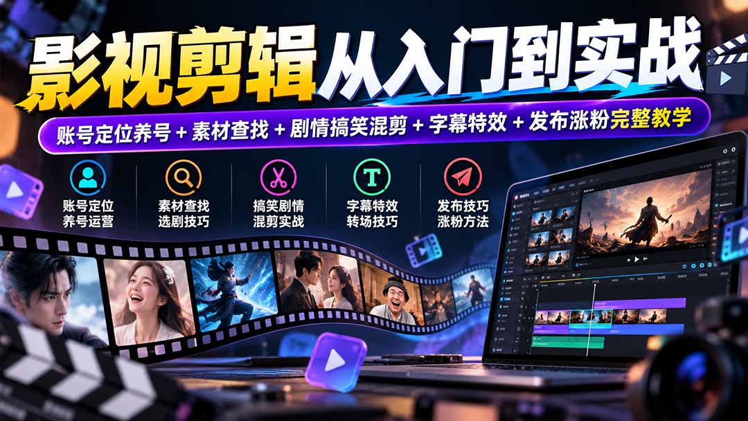 影视剪辑从入门到实战:账号定位养号+素材查找+剧情搞笑混剪+字幕特效+发布涨粉完整教学-阿灿学库