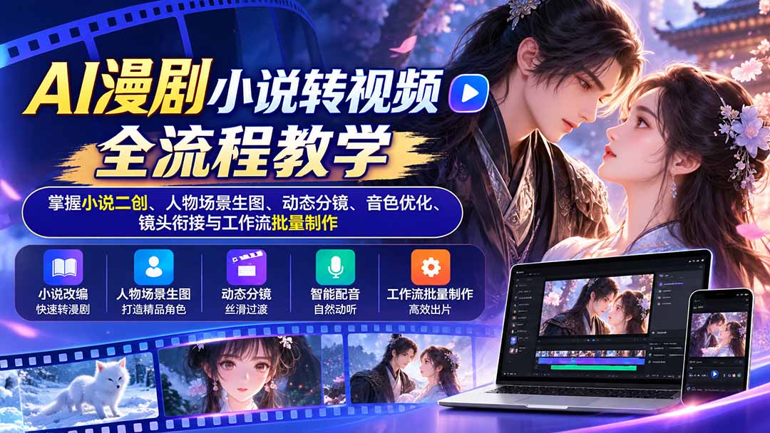 AI漫剧小说转视频全流程教学:掌握小说二创、人物场景生图、动态分镜、音色优化、镜头衔接与工作流批量制作-阿灿学库