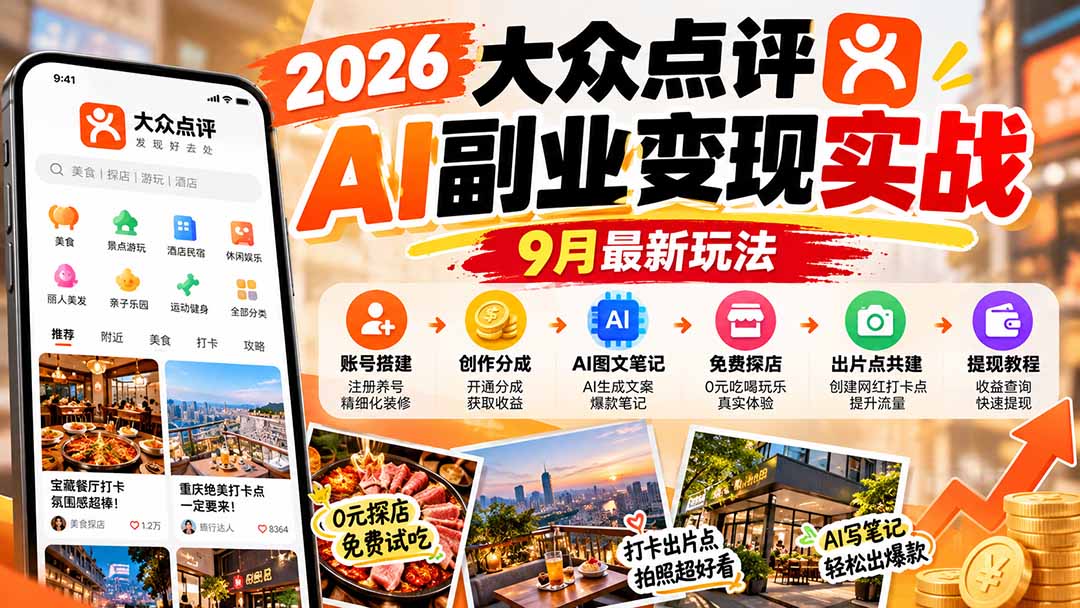 2026大众点评AI副业变现实战9月最新玩法：账号搭建+创作分成+AI图文笔记+免费探店+出片点共建与提现教程-阿灿学库