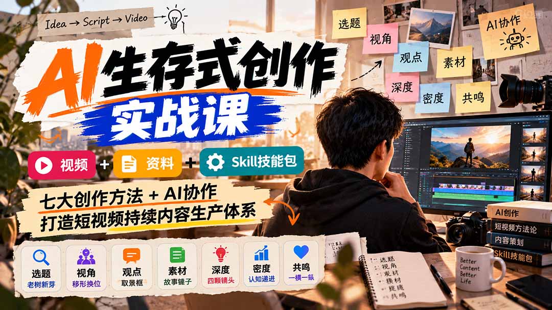 AI生存式创作实战课：视频+资料+Skill技能包，七大创作方法+AI协作，打造短视频持续内容生产体系-阿灿学库
