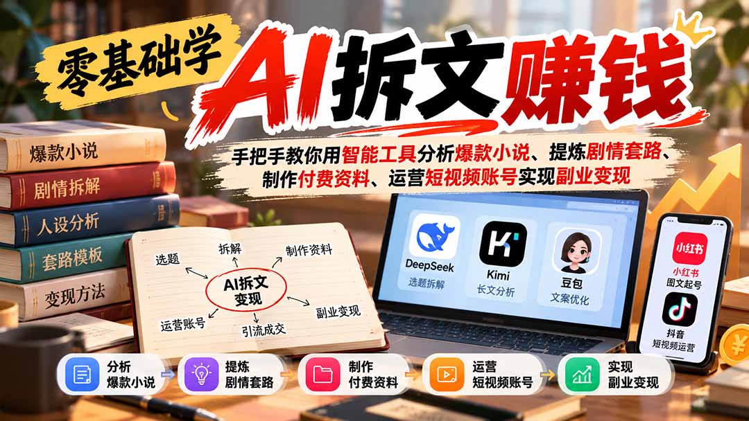 零基础学AI拆文赚钱：手把手教你用智能工具分析爆款小说、提炼剧情套路、制作付费资料、运营短视频账号实现副业变现-阿灿学库