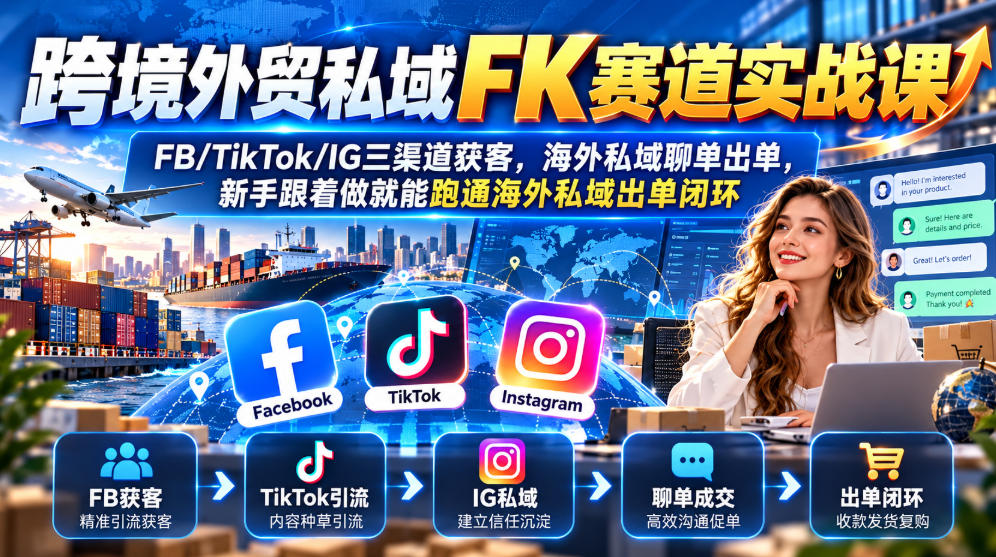 跨境外贸私域FK赛道实战课｜FB/TikTok/IG三渠道获客，海外私域聊单出单，新手跟着做就能跑通海外私域出单闭环-阿灿学库