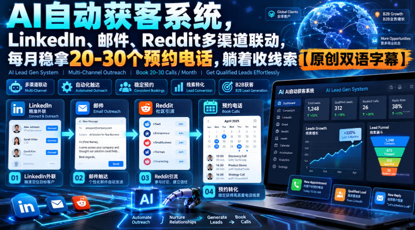 AI自动获客系统，LinkedIn、邮件、Reddit多渠道联动，每月稳拿20-30个预约电话，躺着收线索【原创双语字幕】-红果网创
