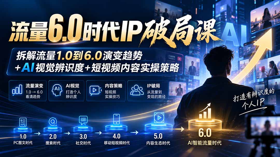 流量6.0时代IP破局课-更新:拆解流量1.0到6.0演变趋势+AI视觉辨识度+短视频内容实操策略-阿灿学库