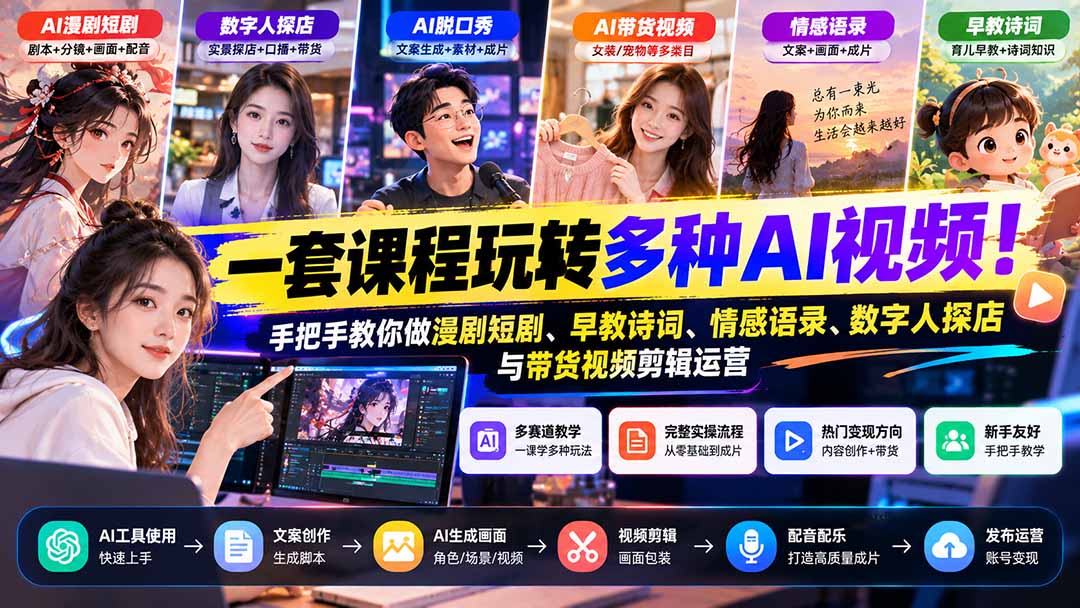 【无水印】一套课程玩转多种AI视频！手把手教你做漫剧短剧、早教诗词、情感语录、数字人探店与带货视频剪辑运营-阿灿学库