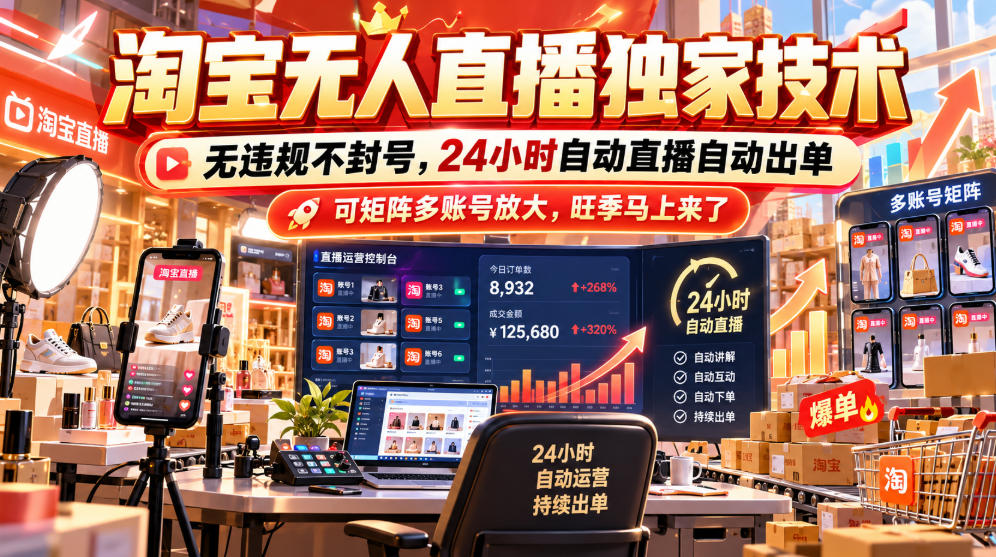 淘宝无人直播独家技术，无违规不封号，24小时自动直播自动出单，可矩阵多账号放大，旺季马上来了【揭秘】-阿灿学库