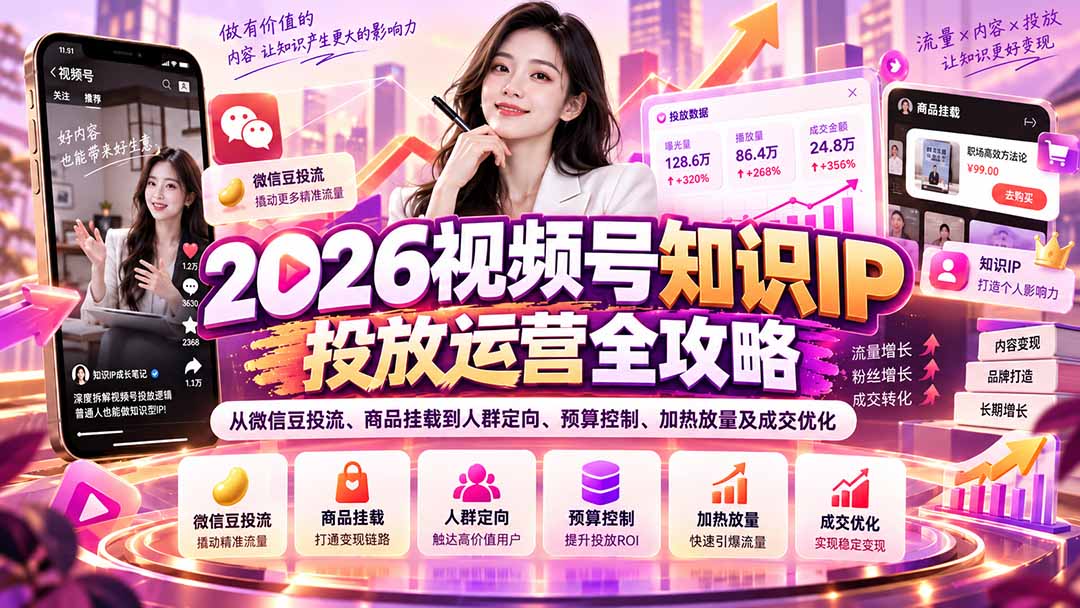 2026视频号知识IP投放运营全攻略:从微信豆投流、商品挂载到人群定向、预算控制、加热放量及成交优化-阿灿学库