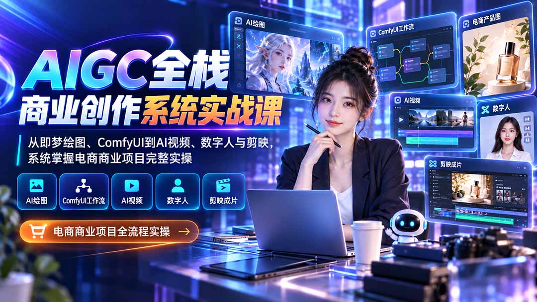 AIGC全栈商业创作系统实战课-更新1017：从即梦绘图、ComfyUI到AI视频、数字人与剪映，系统掌握电商商业项目完整实操-阿灿学库
