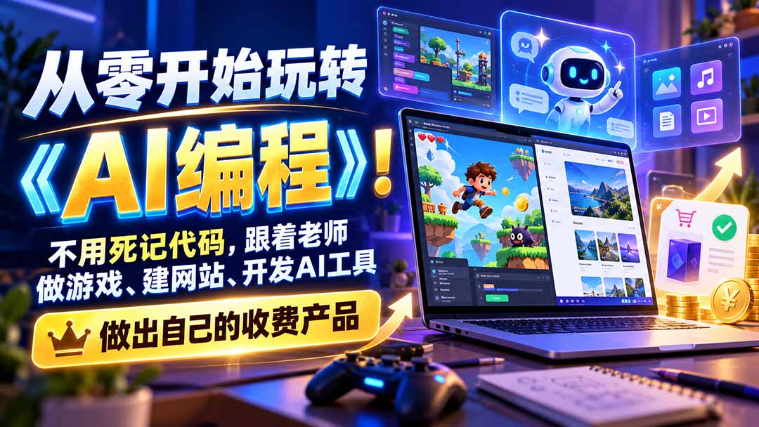 从零开始玩转《AI编程》！不用死记代码，跟着老师做游戏、建网站、开发AI工具，最后完成自己的收费产品-阿灿学库
