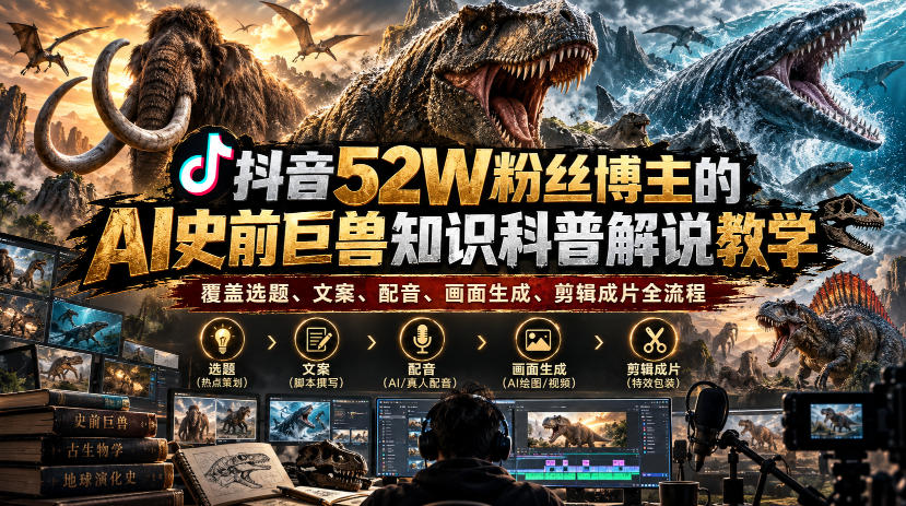抖音52W粉丝博主的AI史前巨兽知识科普解说教学，覆盖选题、文案、配音、画面生成、剪辑成片全流程-红果网创