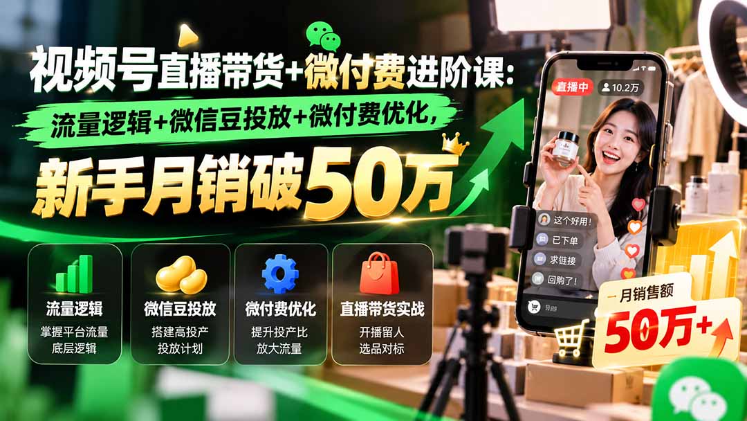 视频号直播带货+微付费进阶课-更新1010:流量逻辑+微信豆投放+微付费优化,新手月销破50万-阿灿学库