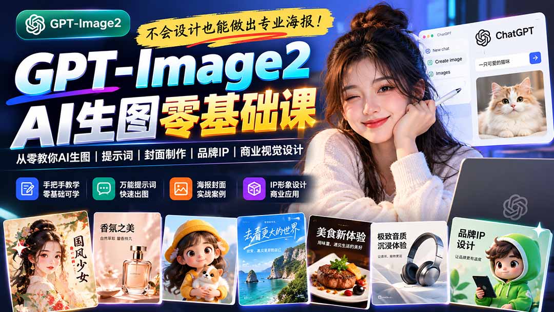 不会设计也能做出专业海报！GPT-Image2从零教你AI生图、提示词、封面制作、品牌IP与商业视觉设计-阿灿学库