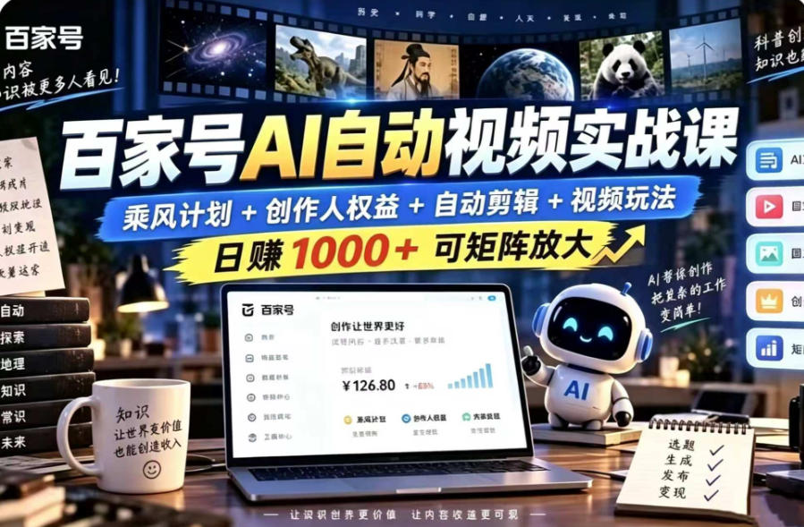 百家号自动矩阵玩法，长期可以做的项目，日入1k+，真正的睡后收入-阿灿学库