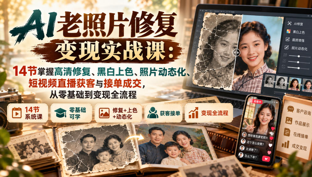 AI老照片修复变现实战课：14节掌握高清修复、黑白上色、照片动态化、短视频直播获客与接单成交，从零基础到变现全流程-阿灿学库