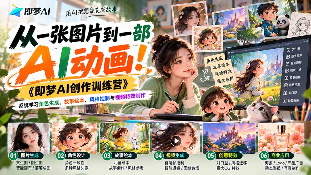 【无水印】从一张图片到一部AI动画！《即梦AI创作训练营》系统学习角色生成、故事绘本、风格控制与视频特效制作-阿灿学库