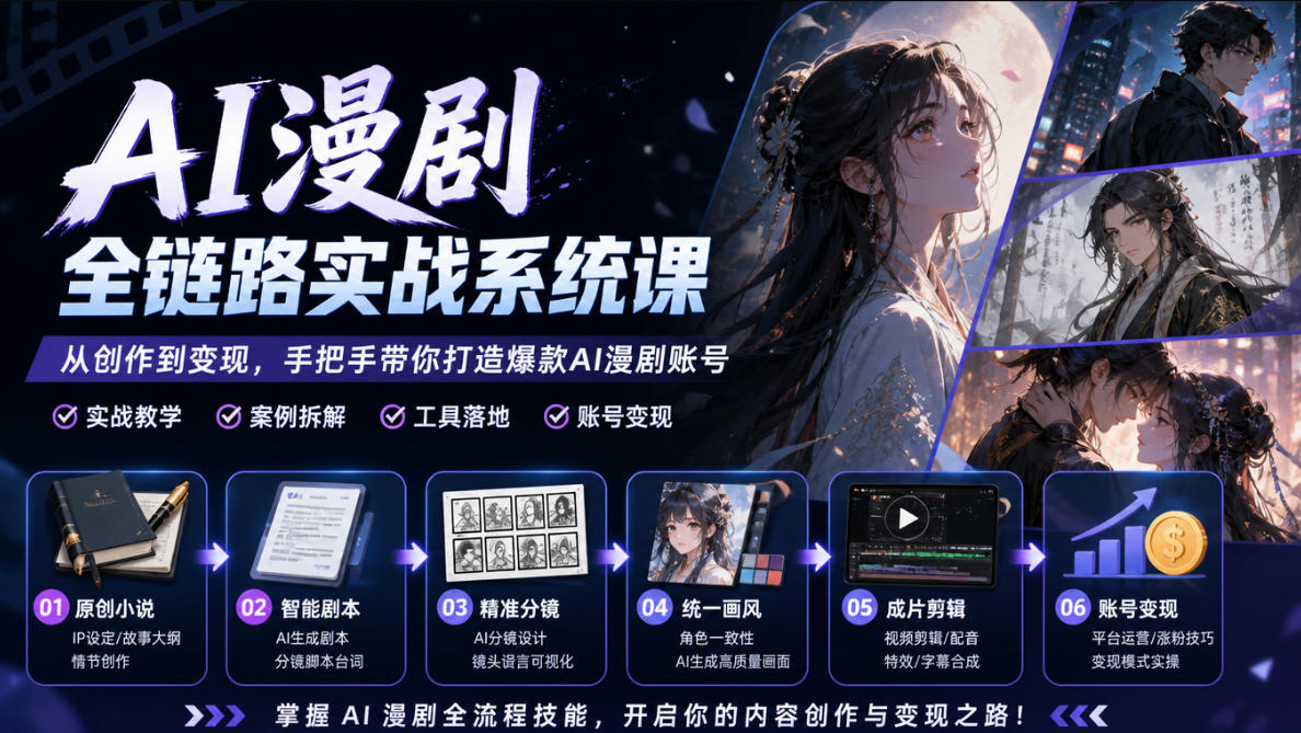 AI漫剧全链路实战系统课｜原创小说、智能剧本、精准分镜、统一画风、成片剪辑、账号变现实操教学(更新1018)-阿灿学库