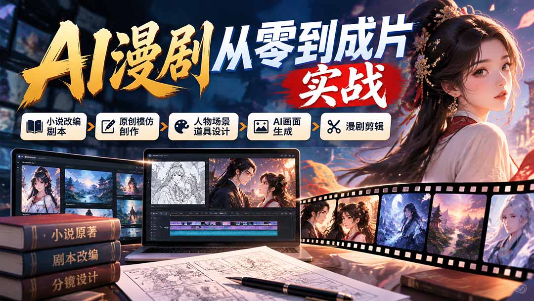 AI漫剧从零到成片实战：小说改编剧本、原创模仿创作、人物场景道具设计、AI画面生成与漫剧剪辑-阿灿学库