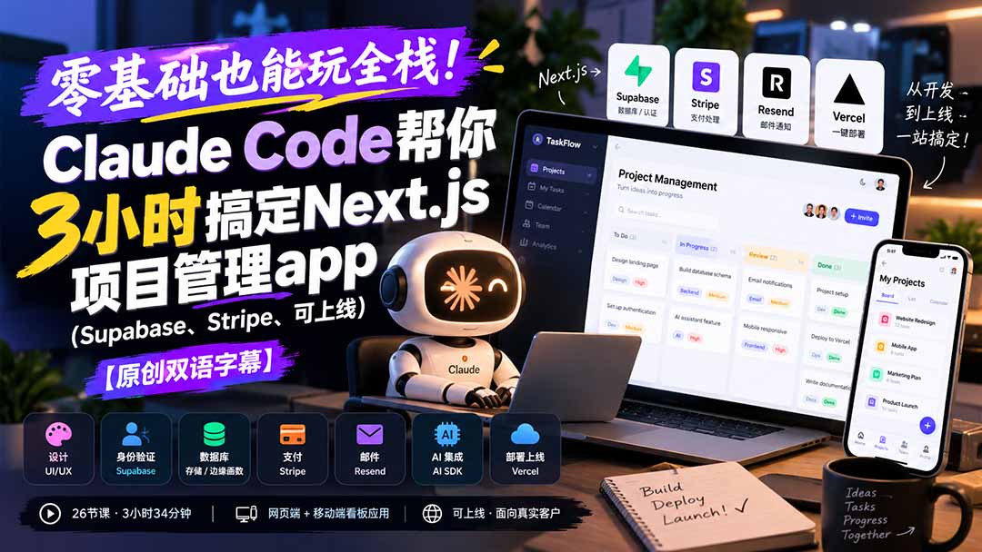 零基础也能玩全栈!Claude Code帮你3小时搞定Next.js项目管理app(Supabase、Stripe、可上线-阿灿学库