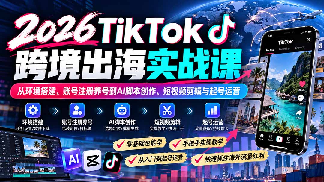 2026TikTok跨境出海实战课：从环境搭建、账号注册养号到AI脚本创作、短视频剪辑与起号运营-红果网创