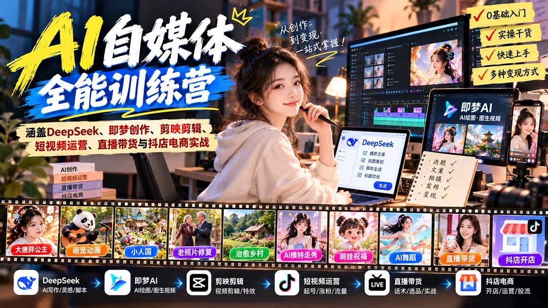 【无水印】AI+自媒体全能训练营：涵盖DeepSeek、即梦创作、剪映剪辑、短视频运营、直播带货与抖店电商实战-阿灿学库