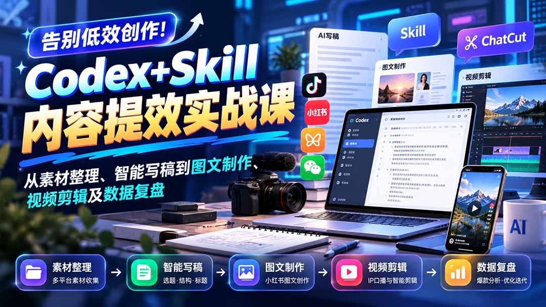 【无水印】告别低效创作！Codex+Skill内容提效实战课：从素材整理、智能写稿到图文制作、视频剪辑及数据复盘-阿灿学库