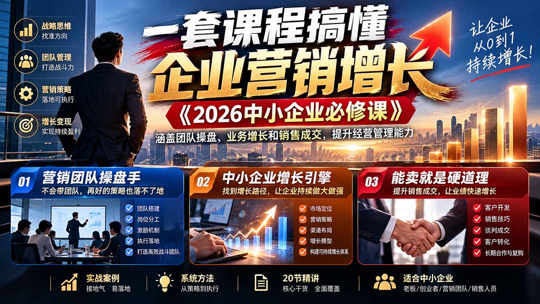 一套课程搞懂企业营销增长《2026中小企业必修课》涵盖团队操盘、业务增长和销售成交，提升经营管理能力-阿灿学库