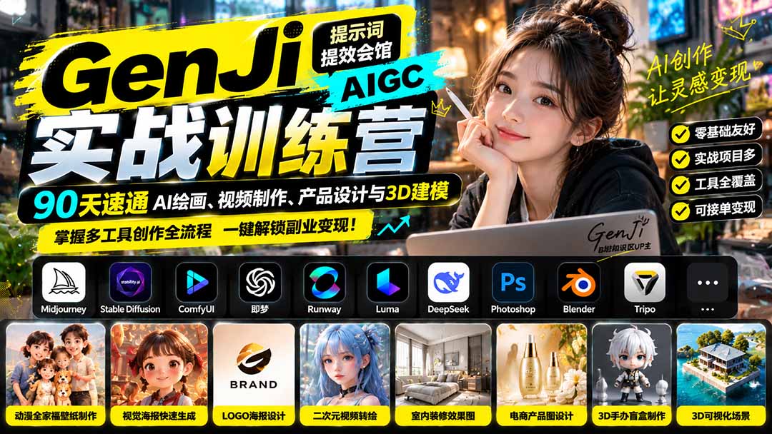 GenJi AIGC实战训练营：90天速通AI绘画、视频制作、产品设计与3D建模，掌握多工具创作全流程-阿灿学库