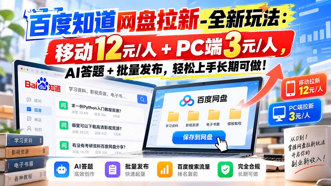 百度知道网盘拉新-全新玩法：移动12元/人+PC端3元/人，AI答题+批量发布，轻松上手长期可做！-阿灿学库