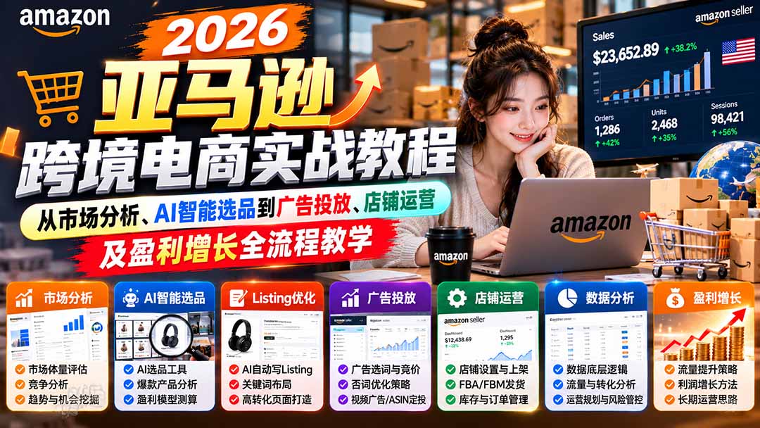 2026亚马逊跨境电商实战教程-更新1027，从市场分析、AI智能选品到广告投放、店铺运营及盈利增长全流程教学-红果网创