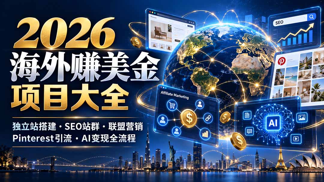 2026海外赚美金项目大全：独立站搭建、SEO站群、联盟营销、Pinterest引流与AI变现全流程-阿灿学库