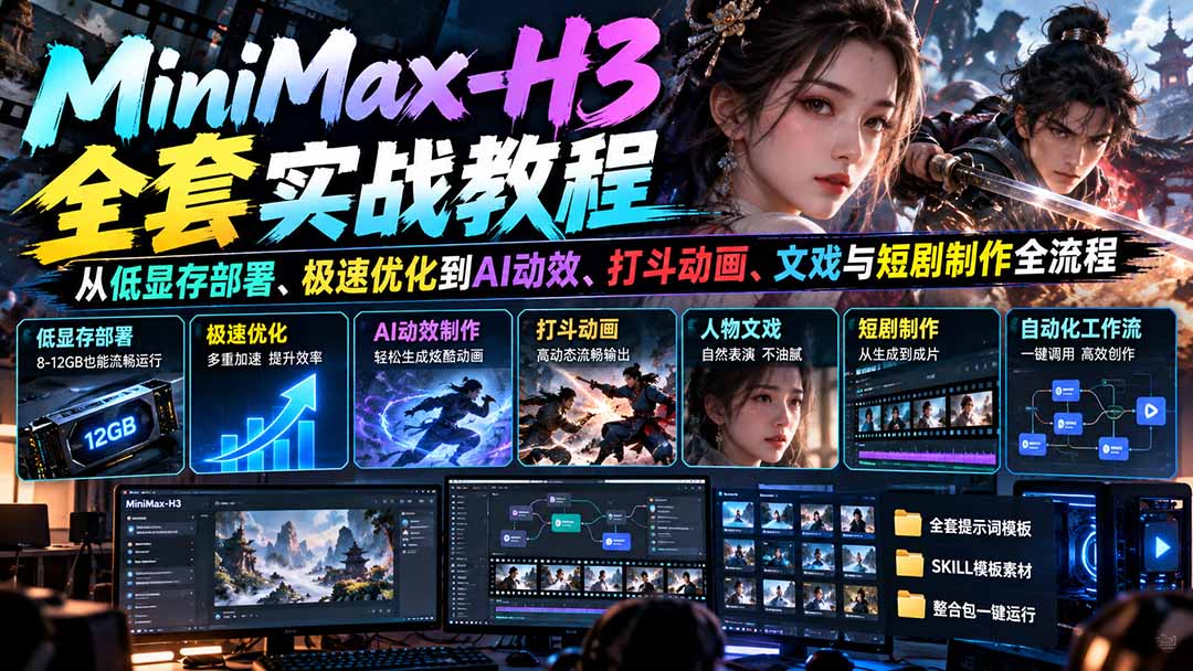 MiniMax-H3全套实战教程：从低显存部署、极速优化到AI动效、打斗动画、文戏与短剧制作全流程-红果网创