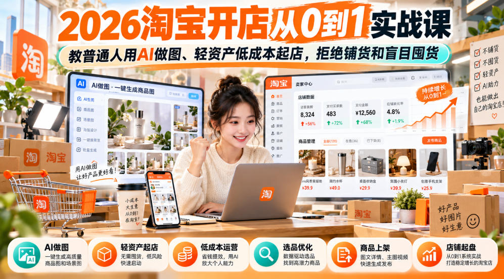 2026淘宝开店从0到1实战课,教普通人用AI做图、轻资产低成本起店,拒绝铺货和盲目囤货-阿灿学库