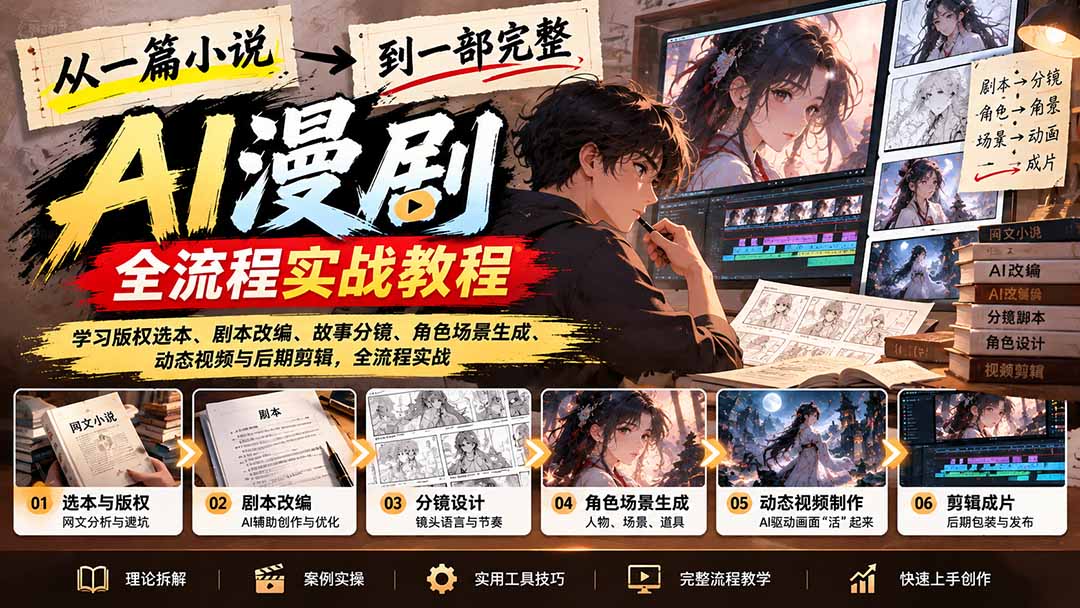 从一篇小说到一部完整AI漫剧：学习版权选本、剧本改编、故事分镜、角色场景生成、动态视频与后期剪辑-阿灿学库
