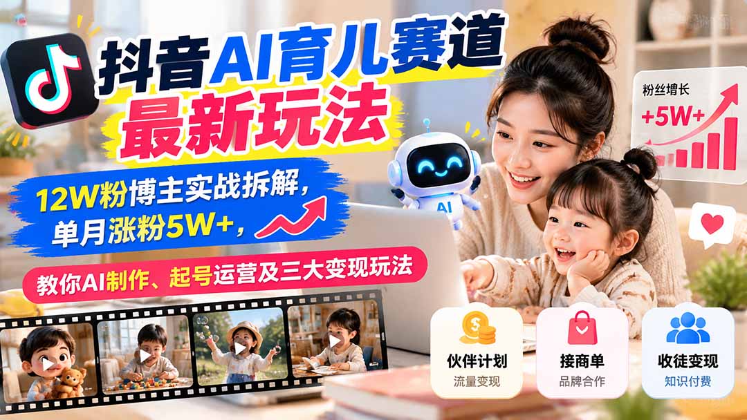 抖音AI育儿赛道最新玩法：12W粉博主实战拆解，单月涨粉5W+，教你AI制作、起号运营及三大变现玩法-阿灿学库
