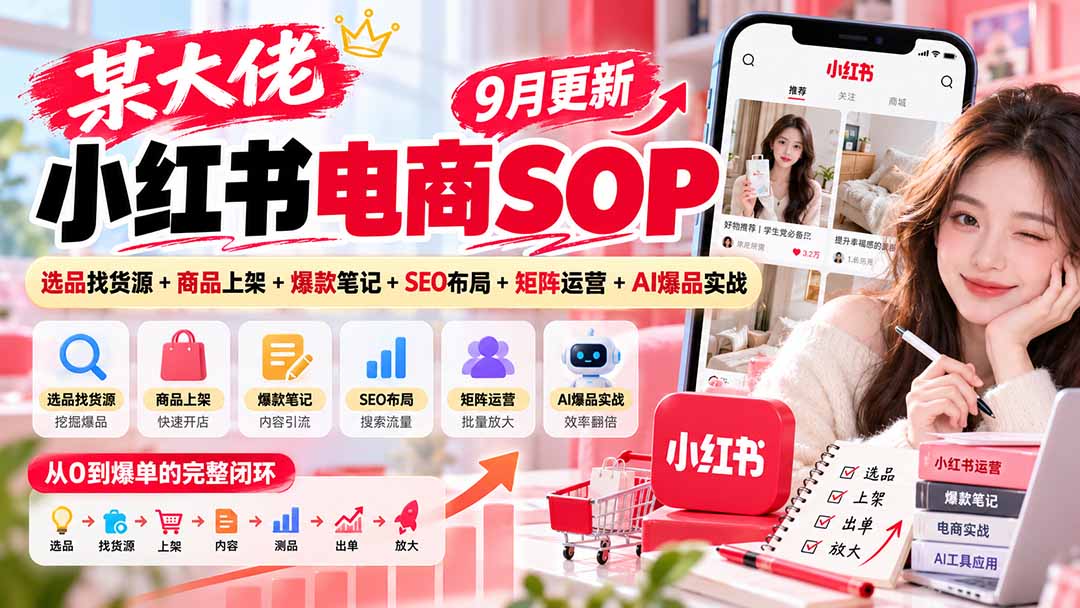 某大佬小红书电商SOP|9月更新:选品找货源+商品上架+爆款笔记+SEO布局+矩阵运营+AI爆品实战-阿灿学库
