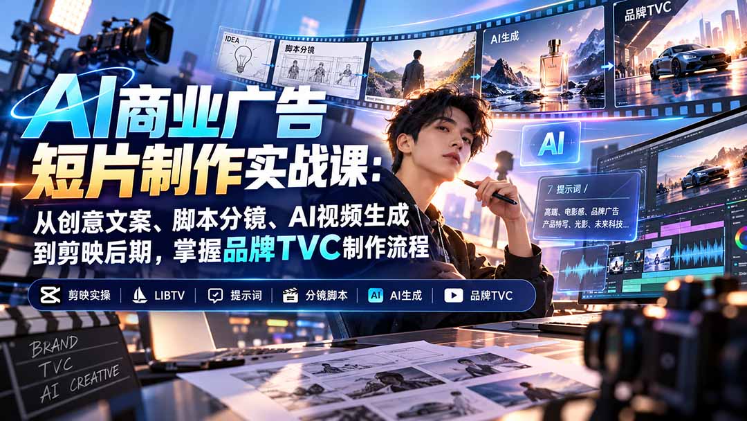 AI商业广告短片制作实战课:从创意文案、脚本分镜、AI视频生成到剪映后期,掌握品牌TVC制作流程-阿灿学库
