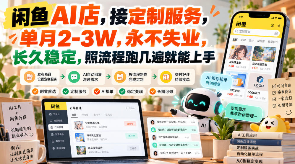 闲鱼AI店，接定制服务，单月2-3W，永不失业，长久稳定，照流程跑几遍就能上手-阿灿学库