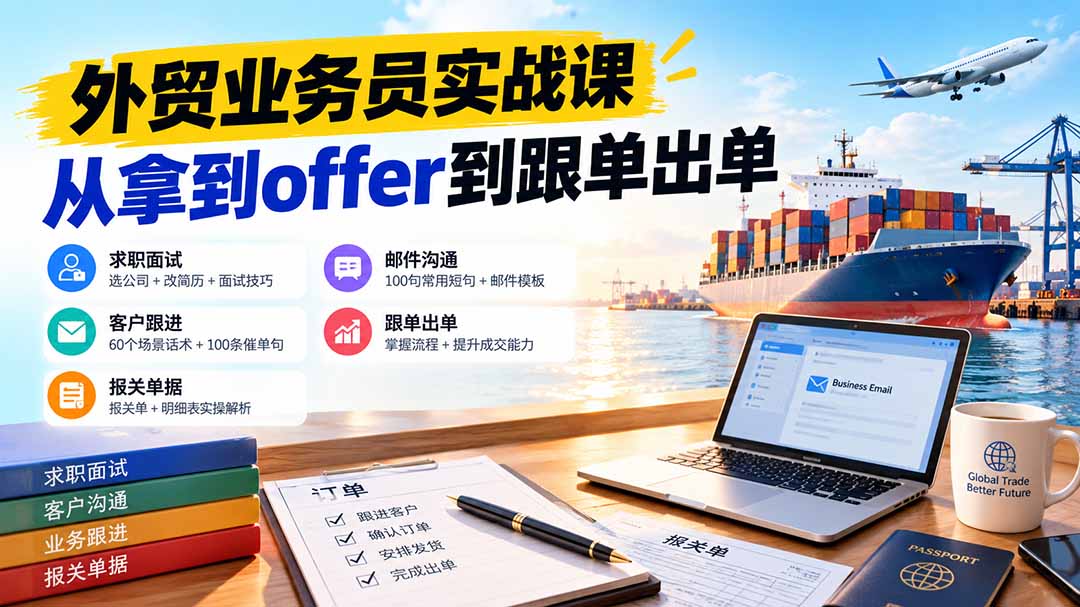 外贸业务员从求职到出单实战课：教你筛选优质公司、优化简历、应对面试、客户跟进催单及出口报关操作篇-阿灿学库