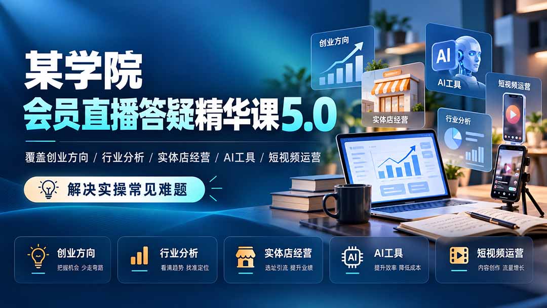 某学院会员直播答疑精华课5.0：覆盖创业方向、行业分析、实体店经营、AI工具和短视频运营，解决实操常见难题！-阿灿学库