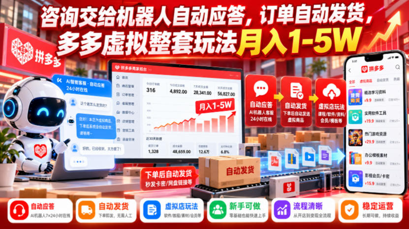 咨询交给机器人自动应答，订单自动发货，多多虚拟整套玩法月入1-5W【揭秘】-阿灿学库