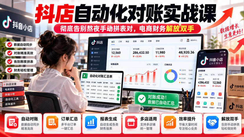 抖店自动化对账实战课,彻底告别熬夜手动拼表对,账电商财务解放双手-阿灿学库