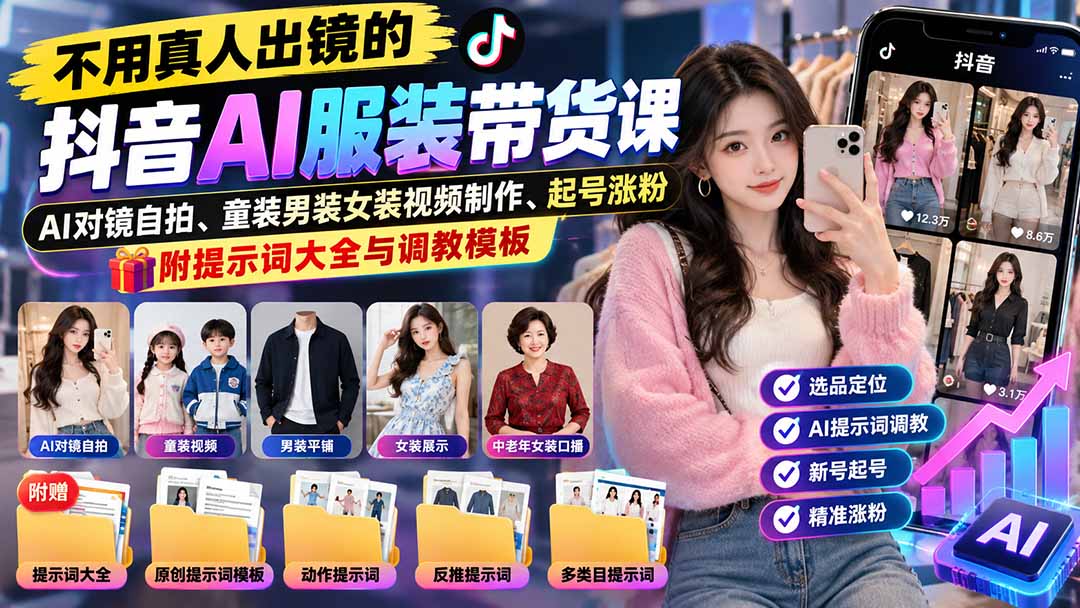 不用真人出镜的抖音AI服装带货课:AI对镜自拍、童装男装女装视频制作、起号涨粉,附提示词大全与调教模板-阿灿学库