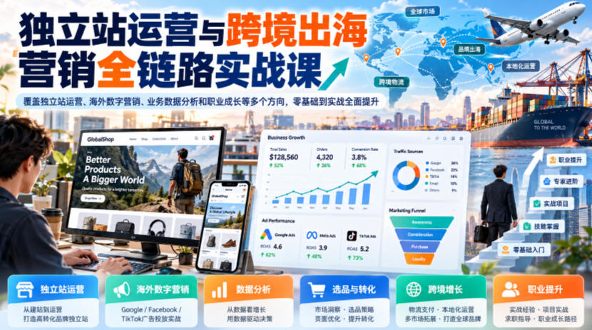 独立站运营与跨境出海营销全链路实战课，覆盖独立站运营、海外数字营销、业务数据分析和职业成长等多个方向，零基础到实战全面提升-阿灿学库