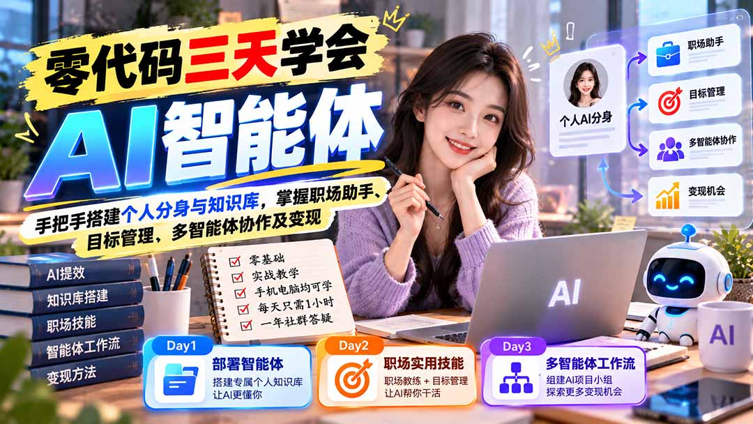 【无水印】零代码三天学会AI智能体：手把手搭建个人分身与知识库，掌握职场助手、目标管理、多智能体协作及变现-阿灿学库