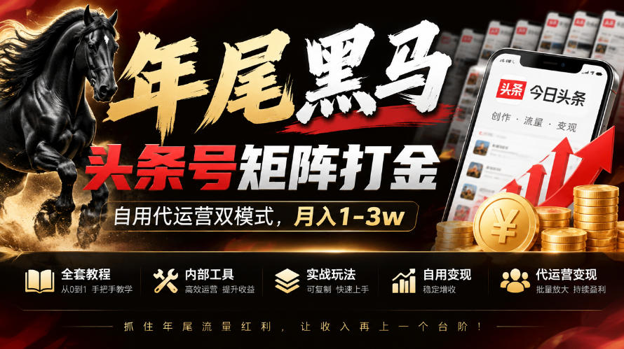 【年尾黑马】头条号矩阵打金，自用代运营双模式，月入1-3w，附全套教程及内部工具【揭秘】-阿灿学库