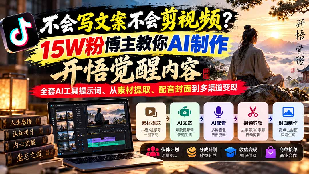 不会写文案不会剪视频？15W粉博主教你AI制作开悟觉醒内容，全套AI工具提示词、从素材提取、配音封面到多渠道变现-阿灿学库