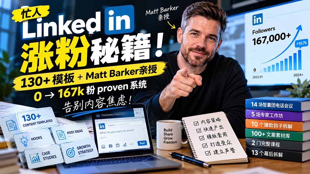 【无水印】忙人LinkedI 涨粉秘籍！130+模板+Matt Barker亲授：0→167k粉proven系统，告别内容焦虑【原创双语字幕】-阿灿学库