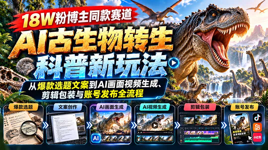 18W粉博主同款赛道-AI古生物转生科普新玩法:从爆款选题文案到AI画面视频生成、剪辑包装与账号发布全流程-阿灿学库